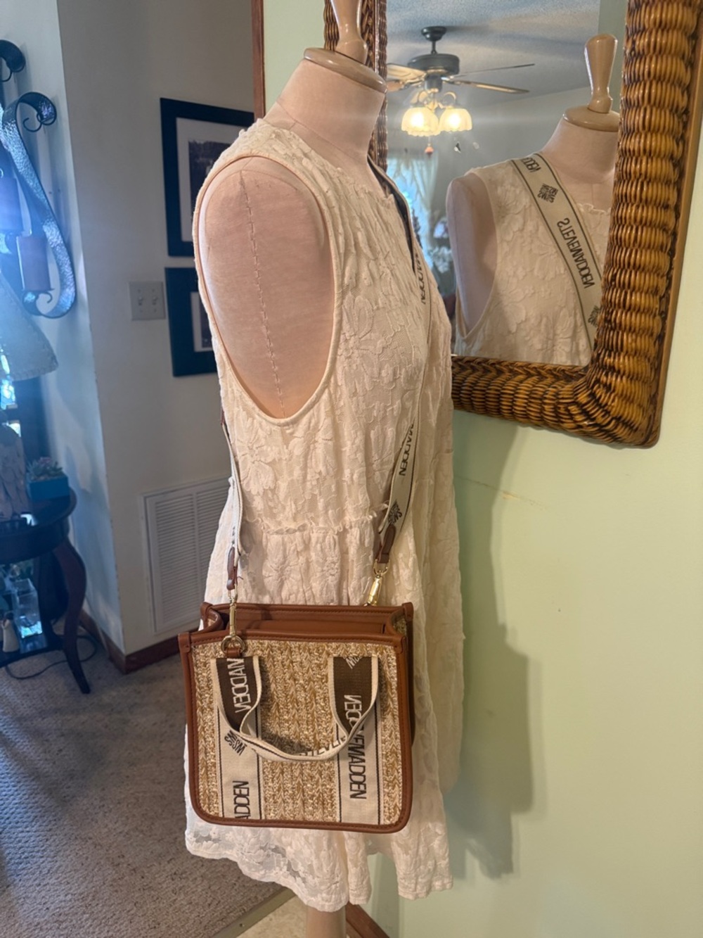 Steve Madden Brown Woven Crossbody with Logo Strap